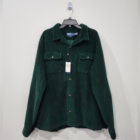 POLO RALPH LAUREN Men's Classic Fit Corduroy Button Up Camp Shirt Green Size XXL